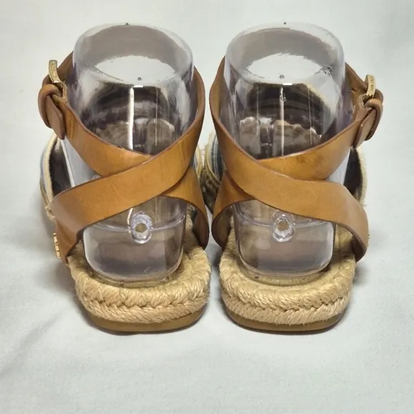 Tory Burch Tan And Blue Flat Espadrilles Sandals Asjustable Buckle 6.5