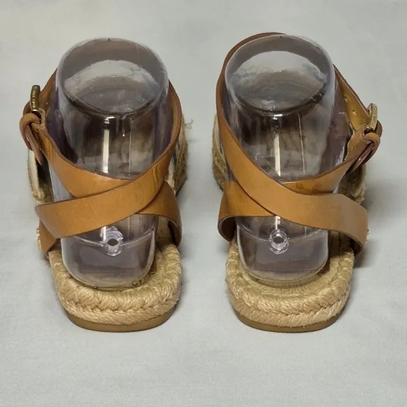 Tory Burch Tan And Blue Flat Espadrilles Sandals Asjustable Buckle 6.5