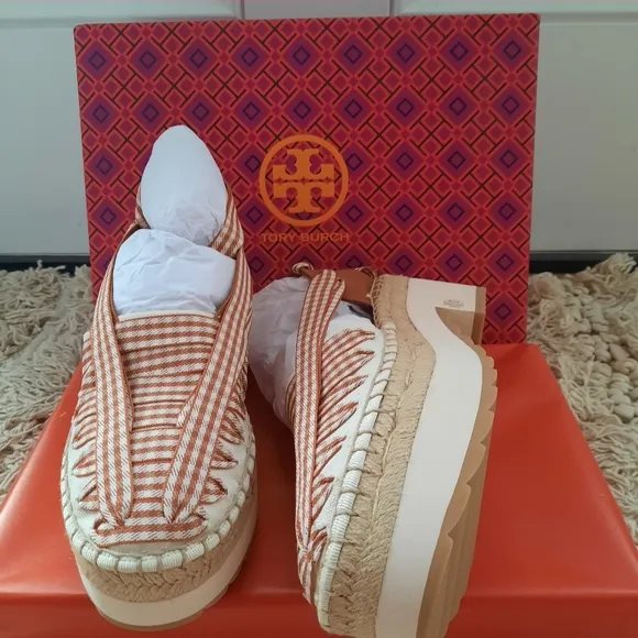 TORY BURCHLeather Plaid Print Espadrilles New in box