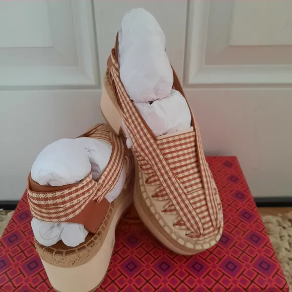 TORY BURCHLeather Plaid Print Espadrilles New in box