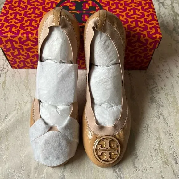 Tory Burch Classic Caroline NEW nude gold patent leather ballet flats