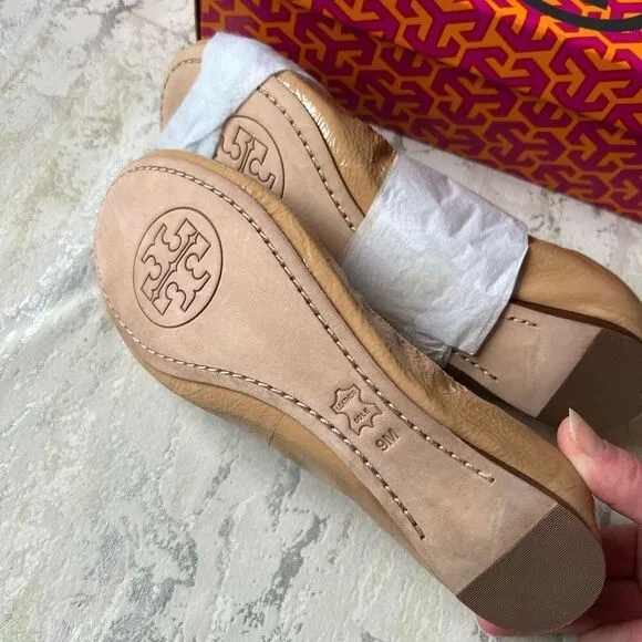 Tory Burch Classic Caroline NEW nude gold patent leather ballet flats