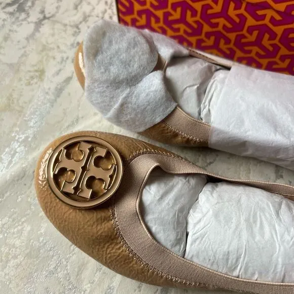 Tory Burch Classic Caroline NEW nude gold patent leather ballet flats