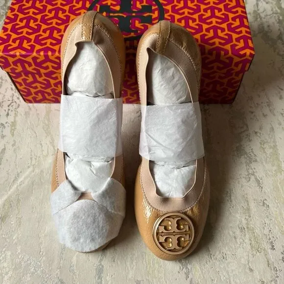 Tory Burch Classic Caroline NEW nude gold patent leather ballet flats