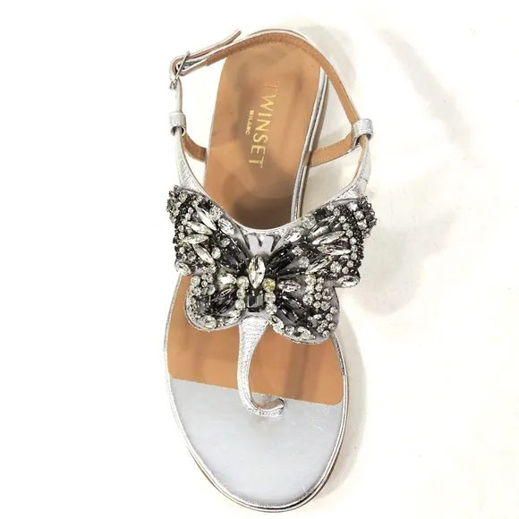 TWINSET 🇮🇹 WOMEN'S SILVER LEATHER COMFORT FLAT SUMMER SANDALS