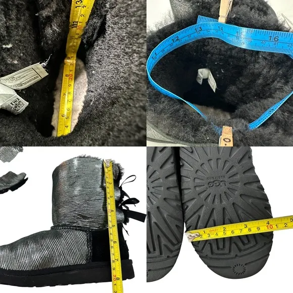 Ugg Bailey Bow Black Suede Silver Metallic Youth Snow Winter Boots Size 5
