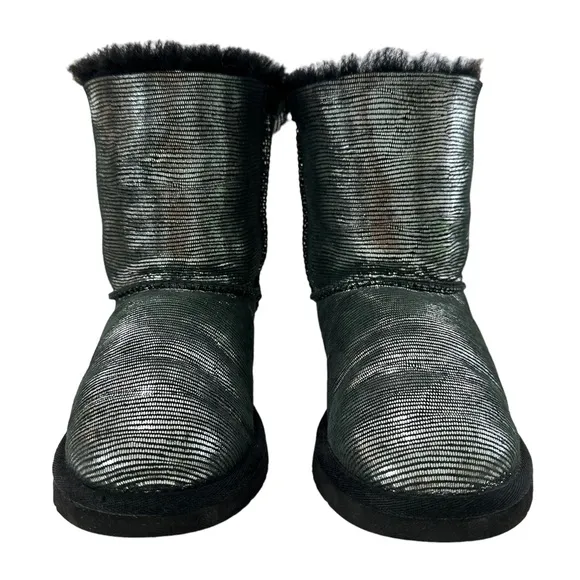 Ugg Bailey Bow Black Suede Silver Metallic Youth Snow Winter Boots Size 5