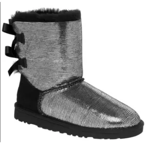 Ugg Bailey Bow Black Suede Silver Metallic Youth Snow Winter Boots Size 5