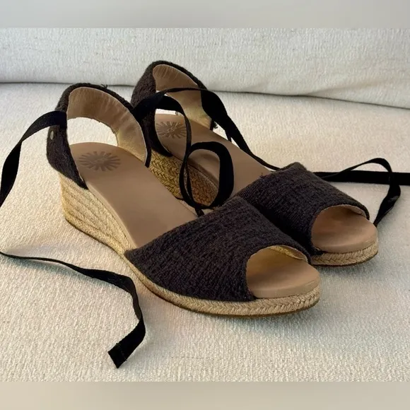 UGG Lace-up Open Toe Gray Espadrilles 2 Inch Heels, Size 9.5