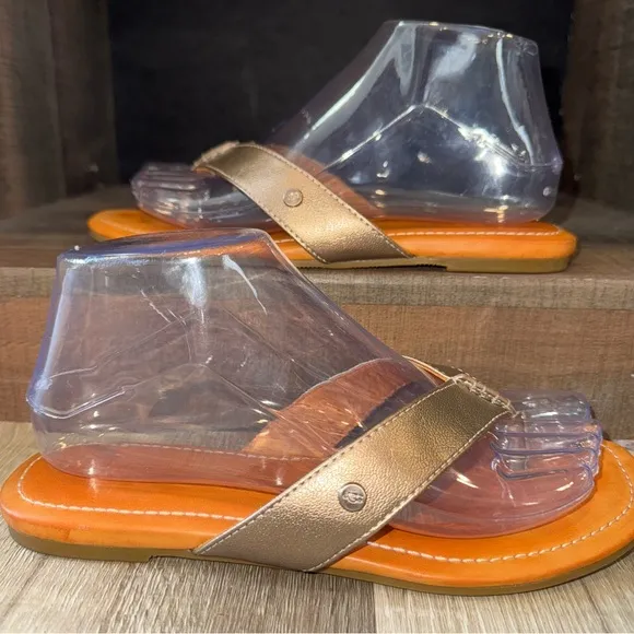 UGG Metallic Bronze Leather Thong Sandals Flip Flops Flat Orange Sole Size 7