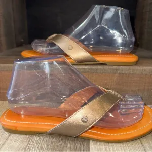 UGG Metallic Bronze Leather Thong Sandals Flip Flops Flat Orange Sole Size 7