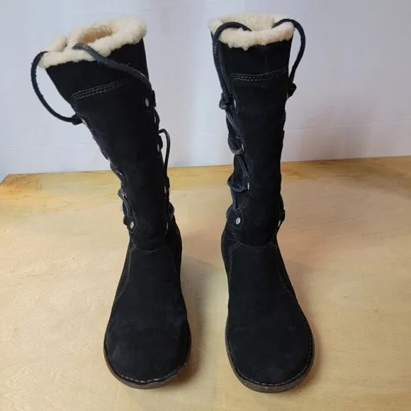 UGG SURFCAT 5158 Size 7 Leather Sheepskin Black Mid-Calf Lace Up Snow Boots