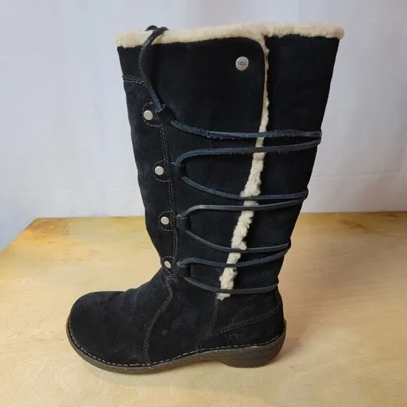 UGG SURFCAT 5158 Size 7 Leather Sheepskin Black Mid-Calf Lace Up Snow Boots