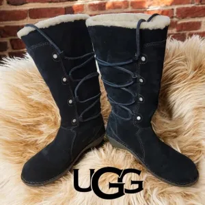 UGG SURFCAT 5158 Size 7 Leather Sheepskin Black Mid-Calf Lace Up Snow Boots