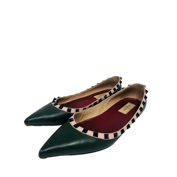 VALENTINO Green Leather Pink Trim Rockstud Studded Pointed Toe Flats EU 37 US 7