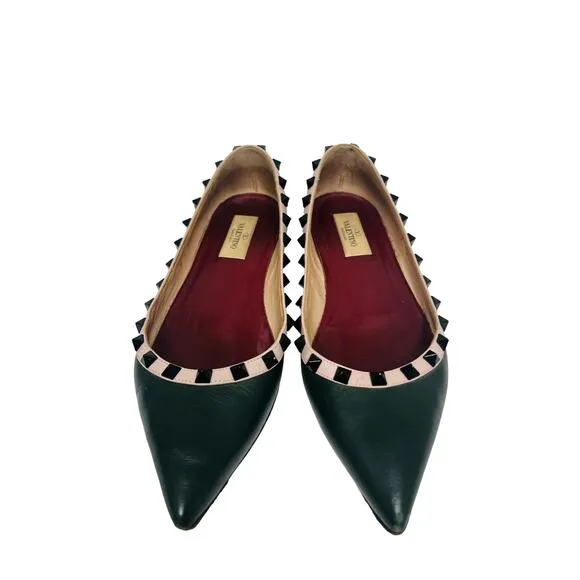 VALENTINO Green Leather Pink Trim Rockstud Studded Pointed Toe Flats EU 37 US 7