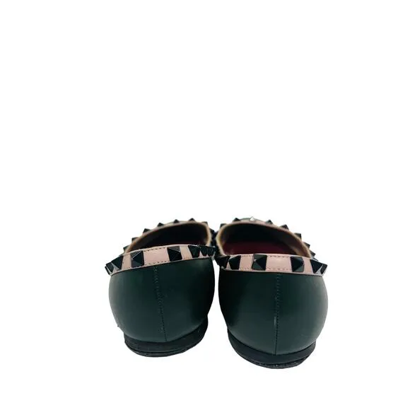 VALENTINO Green Leather Pink Trim Rockstud Studded Pointed Toe Flats EU 37 US 7