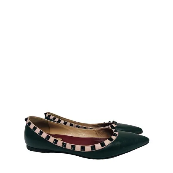 VALENTINO Green Leather Pink Trim Rockstud Studded Pointed Toe Flats EU 37 US 7