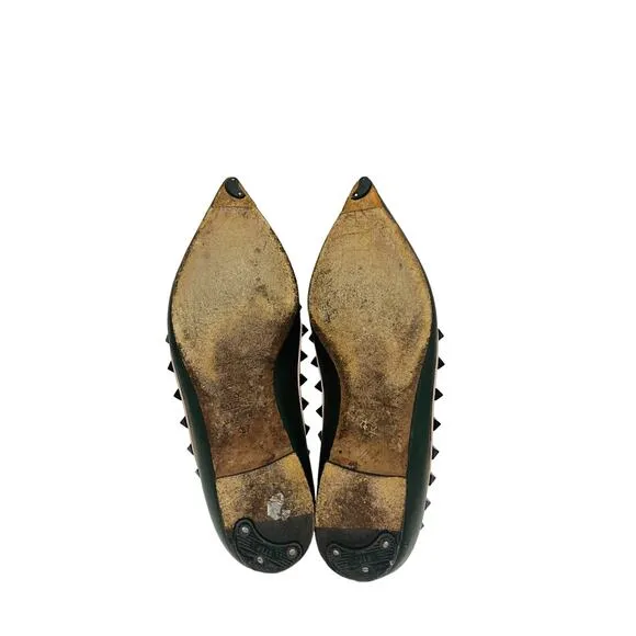 VALENTINO Green Leather Pink Trim Rockstud Studded Pointed Toe Flats EU 37 US 7