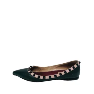 VALENTINO Green Leather Pink Trim Rockstud Studded Pointed Toe Flats EU 37 US 7