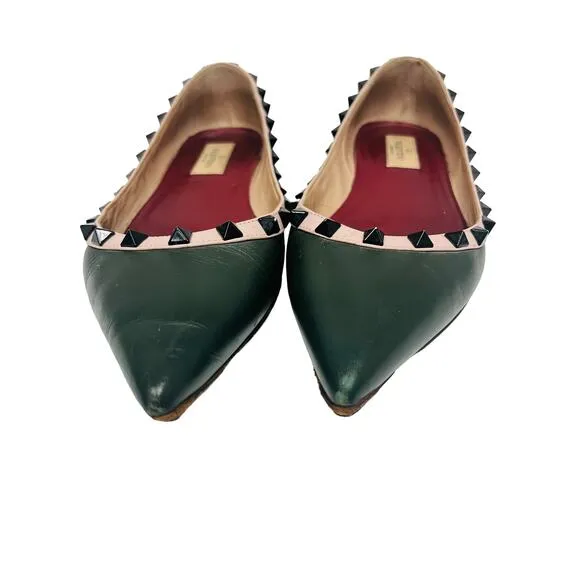 VALENTINO Green Leather Pink Trim Rockstud Studded Pointed Toe Flats EU 37 US 7
