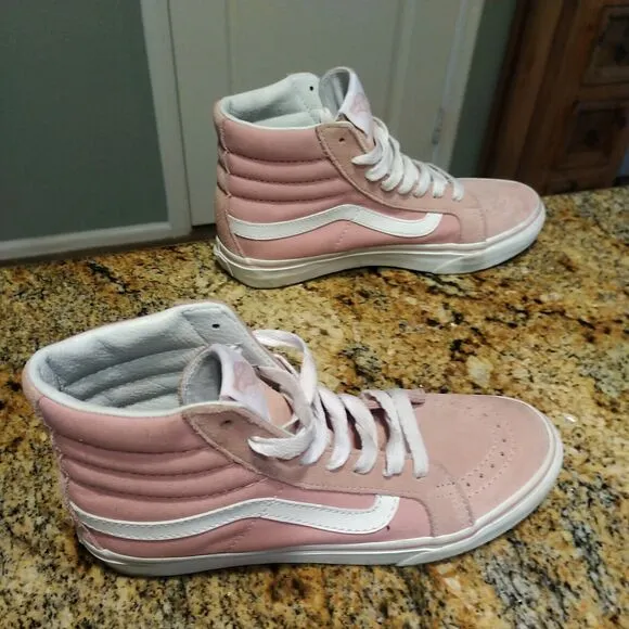 VANS Pink &amp; White Canvas Sk8-Hi Lace Up High Top Unisex Sneakers Women's 5.5