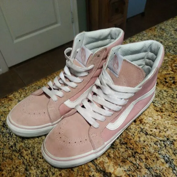 VANS Pink &amp; White Canvas Sk8-Hi Lace Up High Top Unisex Sneakers Women's 5.5