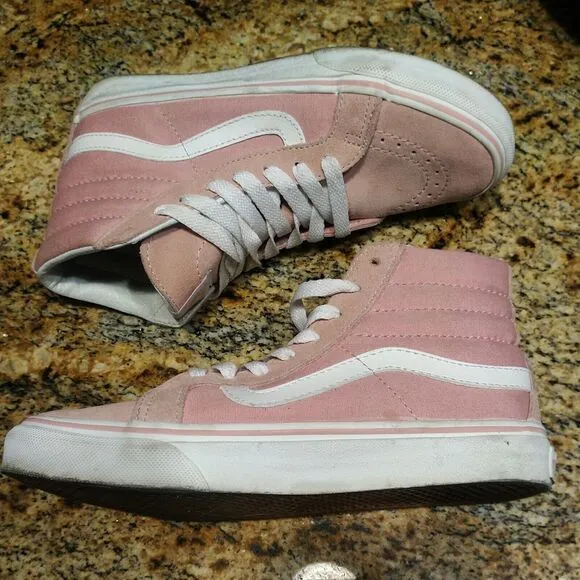 VANS Pink &amp; White Canvas Sk8-Hi Lace Up High Top Unisex Sneakers Women's 5.5