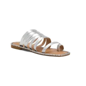 VERDE ROSMARINO Silver Made In Italy Leather Metallic Multi Band Loop Sandals