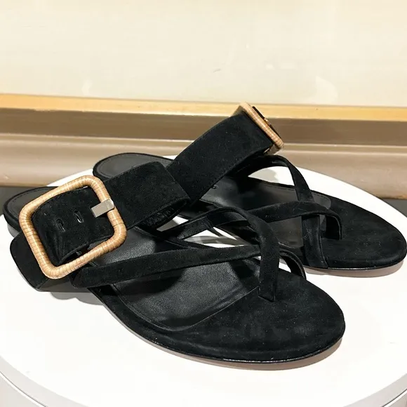 🌹VERONICA BEARD🌹 Salva Suede Buckle Flat Sandals Black Size: 6.5M
