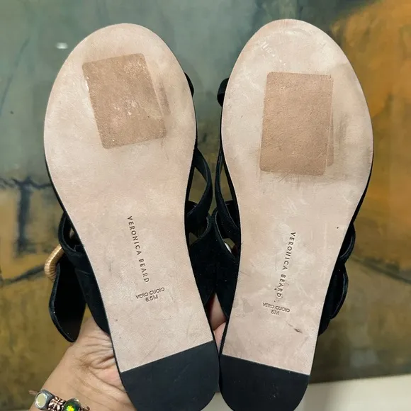 🌹VERONICA BEARD🌹 Salva Suede Buckle Flat Sandals Black Size: 6.5M