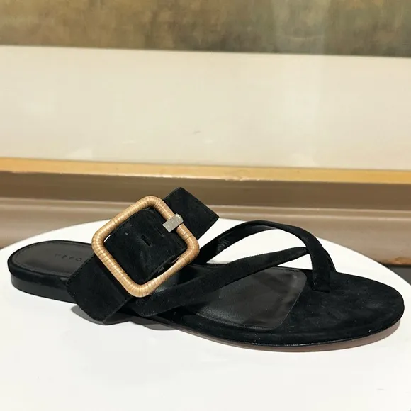 🌹VERONICA BEARD🌹 Salva Suede Buckle Flat Sandals Black Size: 6.5M