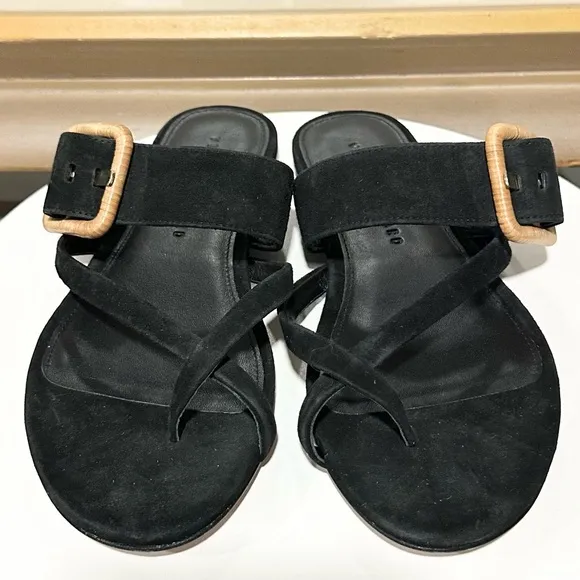 🌹VERONICA BEARD🌹 Salva Suede Buckle Flat Sandals Black Size: 6.5M