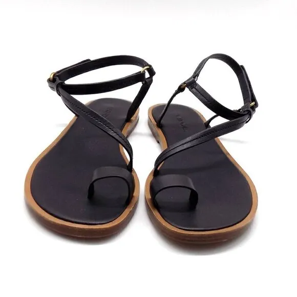 Vince Black Leather Flat Sandals Perrigan Hook and Loop Closure Toe Ring