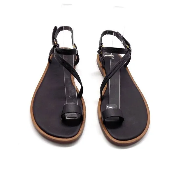 Vince Black Leather Flat Sandals Perrigan Hook and Loop Closure Toe Ring