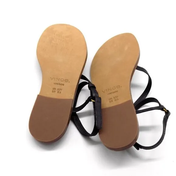 Vince Black Leather Flat Sandals Perrigan Hook and Loop Closure Toe Ring