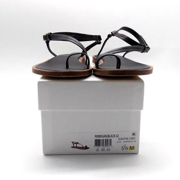 Vince Black Leather Flat Sandals Perrigan Hook and Loop Closure Toe Ring