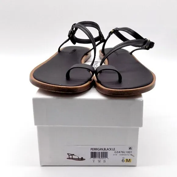 Vince Black Leather Flat Sandals Perrigan Hook and Loop Closure Toe Ring