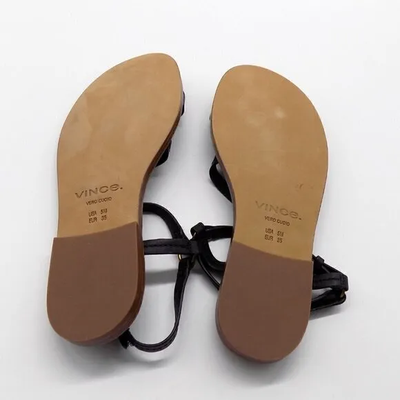 Vince Black Leather Flat Sandals Perrigan Hook and Loop Closure Toe Ring