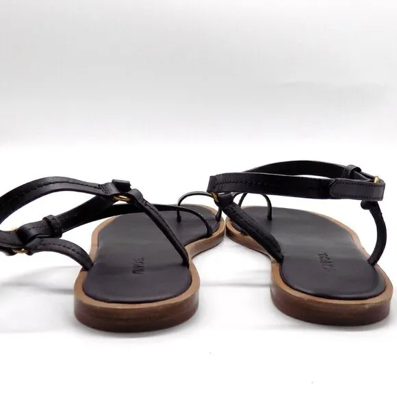 Vince Black Leather Flat Sandals Perrigan Hook and Loop Closure Toe Ring