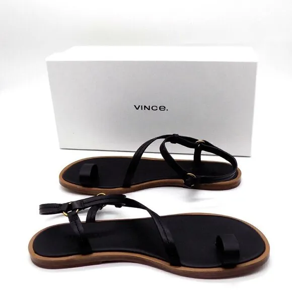 Vince Black Leather Flat Sandals Perrigan Hook and Loop Closure Toe Ring