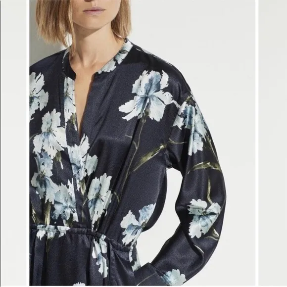 Vince Blue Floral Iris Print Long Sleeve Satin Shirt Dress in Coastal