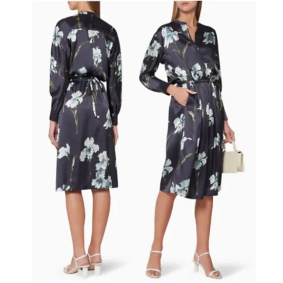 Vince Blue Floral Iris Print Long Sleeve Satin Shirt Dress in Coastal