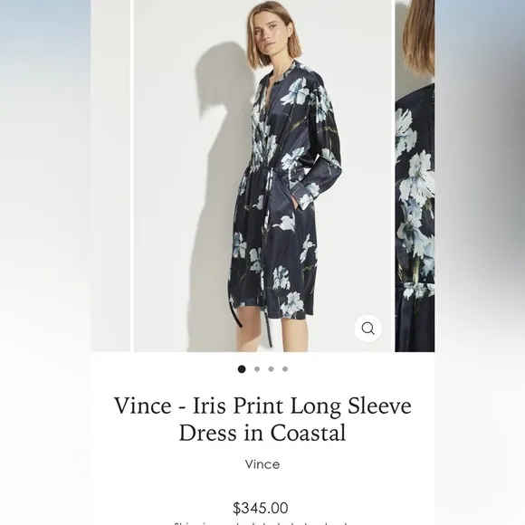 Vince Blue Floral Iris Print Long Sleeve Satin Shirt Dress in Coastal