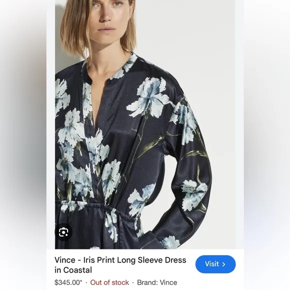 Vince Blue Floral Iris Print Long Sleeve Satin Shirt Dress in Coastal