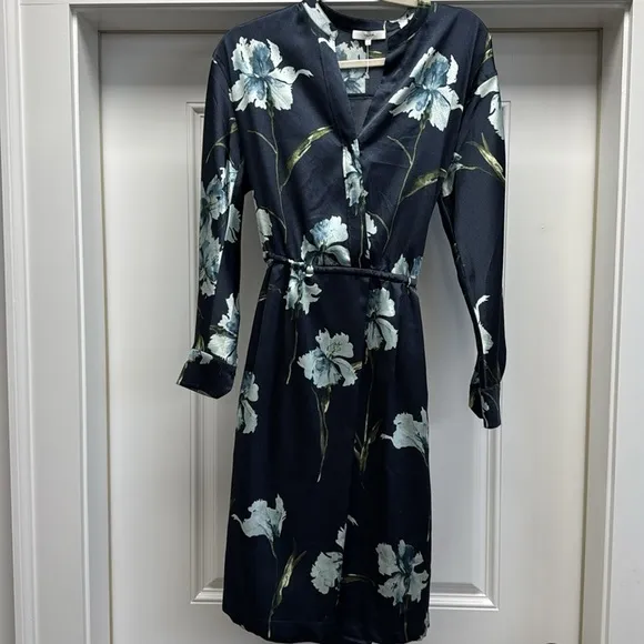 Vince Blue Floral Iris Print Long Sleeve Satin Shirt Dress in Coastal