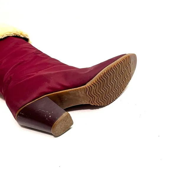 Vintage 1970s maroon nylon faux shearling fold over heeled winter snow boots