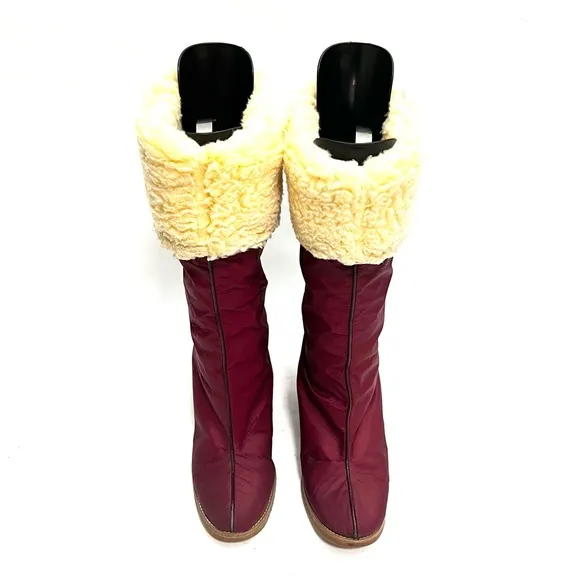 Vintage 1970s maroon nylon faux shearling fold over heeled winter snow boots