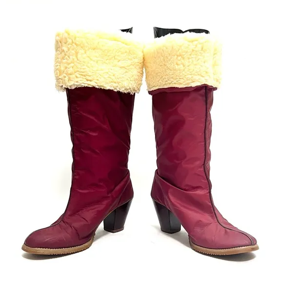 Vintage 1970s maroon nylon faux shearling fold over heeled winter snow boots