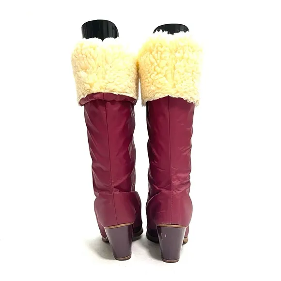 Vintage 1970s maroon nylon faux shearling fold over heeled winter snow boots